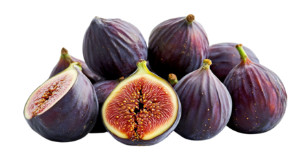 A photorealistic image of a small pile of ripe figs with deep purple skin and green tones, rich in texture and sweetness, isolated on a transparent background.