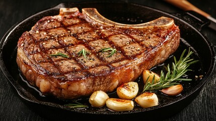 Seared T bone steak on a cast iron pan with garlic and butter