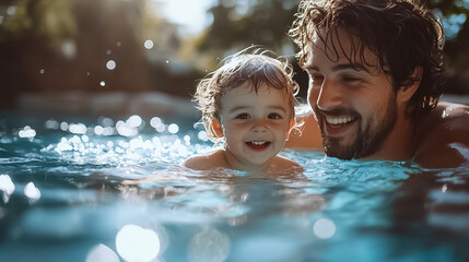 Happy Father and Toddler Son Swimming in a Sunny Pool