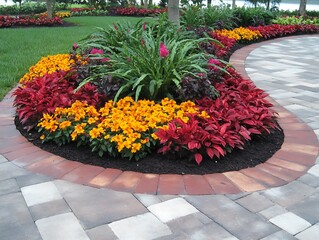 Colorful garden bed displaying assorted flowers and decorative foliage arrangement