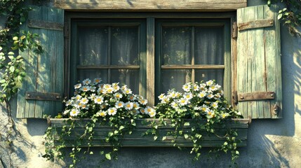 Rustic window with flowers and shutters.  