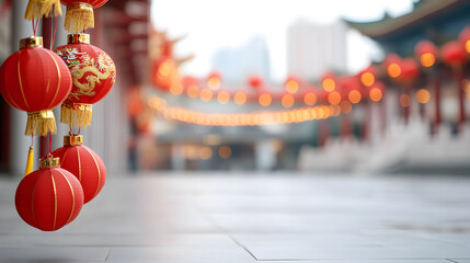Traditional Chinese lanterns with golden dragon patterns hanging at a festive temple. Perfect for Lunar New Year promotions, cultural photography or travel branding. Selective focus