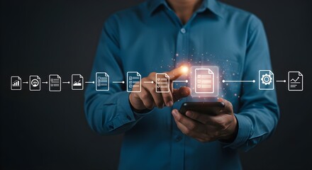 A person using a smartphone displays digital document icons, illustrating the concept of document management and technology integration.