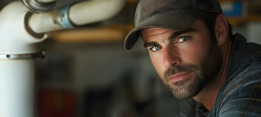 A plumber tightening pipes with a wrench, leaving room for copy