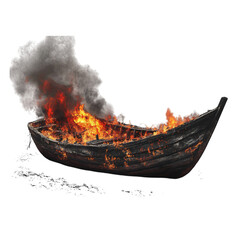 A Boat Sinking After Being Engulfed in Flames Isolated on Transparent Background