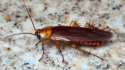 Close-up of brown cockroach on mottled surface.  Pest control image