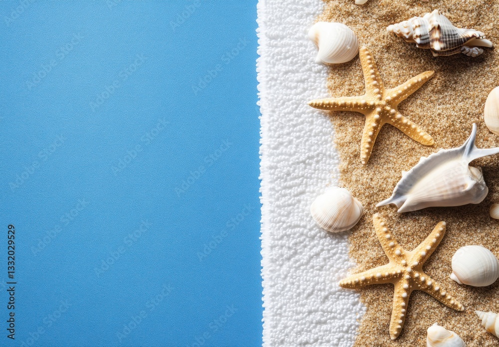 Aufkleber The beach towel with starfish and seashells on the right side, blue background, flat lay, close-up view. There is space for text or product display in the bottom-left corner.