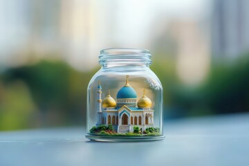 Obraz premium A miniature mosque model enclosed within a glass jar
