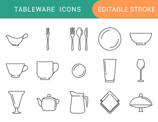 tableware icon set, icon, icons, line icon, sign, symbol, dishware kitchenware utensil editable stroke  