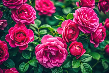 Obraz premium Vibrant pink wild roses bloom against dark green urban foliage; a toned, floral nature photograph.