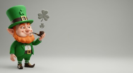 A 3D leprechaun’s pipe smoking with shamrock-shaped smoke, standing on the left side, solid light background, realistic details, space on the right for text