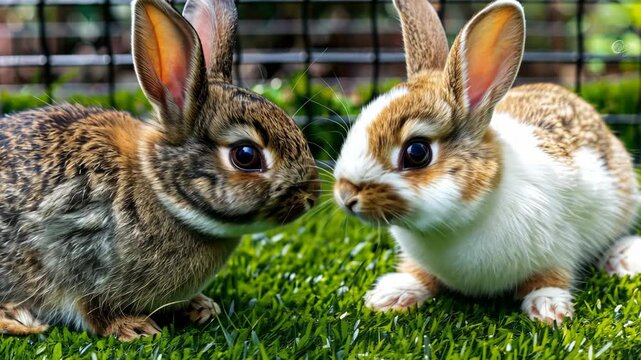 Two lively rabbits interact on vibrant green grass, displaying their distinct fur patterns and enjoying a sunny day in the garden