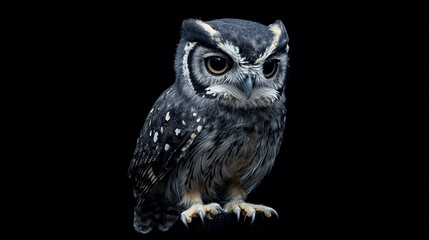 Spectacular closeup of a striking spectacled owl on black background bird eyes wild dark night image