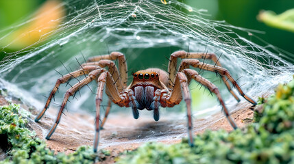 Spider in web, close-up, garden, green background, nature photography