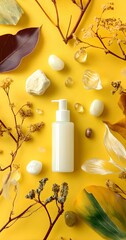 A white lotion bottle with a pump dispenser is centered on a vibrant yellow background, surrounded by dried leaves, stones, and delicate transparent elements.