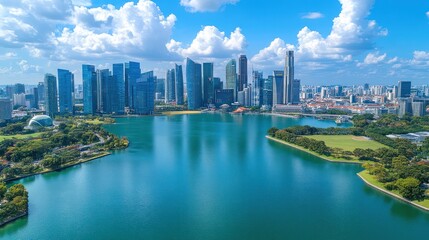 Obraz premium Panoramic view of city skyline, skyscrapers, and waterfront park.