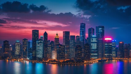 Obraz premium High-Resolution Night City Skyline Wallpaper with Reflections