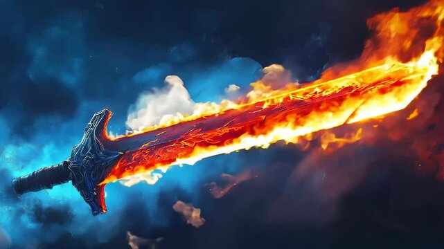 A powerful magic weapon sword with a burning blade, placed in an abstract space. Animated video game concept art.