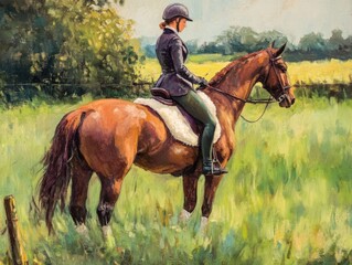 Graceful horse rider green field classic English riding gear