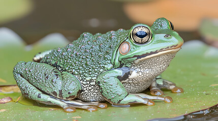 Obraz premium Green frog on lily pad, pond background, nature close-up, wildlife photography