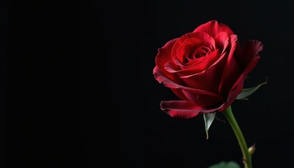 Naklejka premium Single dark crimson rose, glistening droplet, stark black background, still life, petal