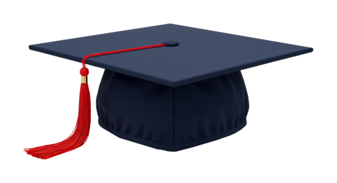 A classic navy blue graduation cap with a red tassel, symbolising academic achievement