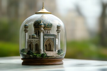 Obraz premium Miniature mosque ornament encased inside of a transparent glass dome