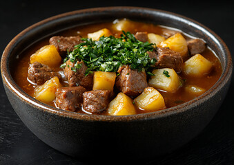 a bowl of beef stew with potatoes, set against a black background,