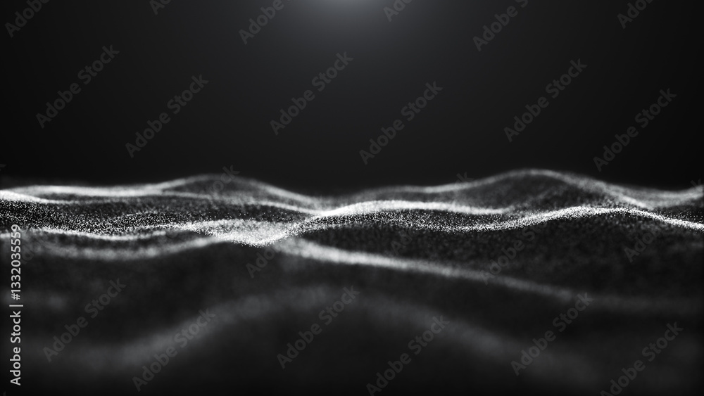 Poster futuristic black and white dot wave. abstract digital particle wave. technological background. dark 