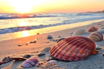 Close-Up of Seashells on a Sandy Beach with Gentle Ocean Waves and the Warm Glow of the Sunset on the Horizon