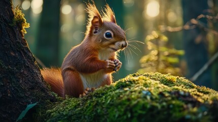 A Red Squirrel Sits On A Mossy Branch In Sunlight