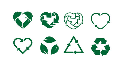 Green recycling symbols with heart and leaf elements for eco-friendly, sustainability, and environmental awareness concepts