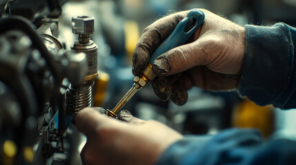 Hardworking mechanic repairing industrial machinery equipment blue tools hands metal labor dirty
