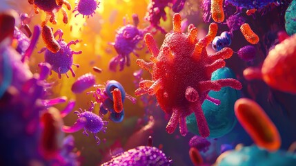 Fototapeta premium Vibrant Microscopic View of Colorful Bacteria and Viruses in Action