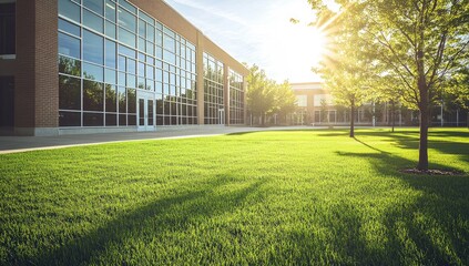 Obraz premium Modern school building with large windows and endless green grass in the foreground