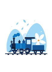 Blue toy train illustration with flower and landscape elements