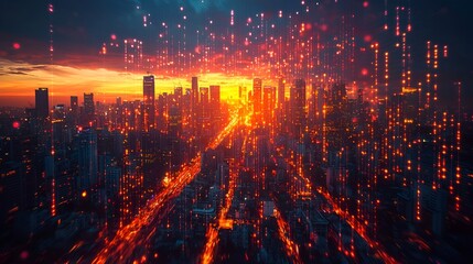 Obraz premium Digital Sunset over Cityscape