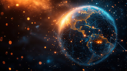Abstract 3D globe with glowing connection lines, symbolizing global connectivity and digital networks.