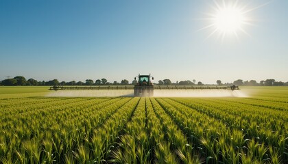 Air photo, photorealistic, drone shot of a tractor spraying in lush green wheat fields under the bright sun, showcasing modern agriculture