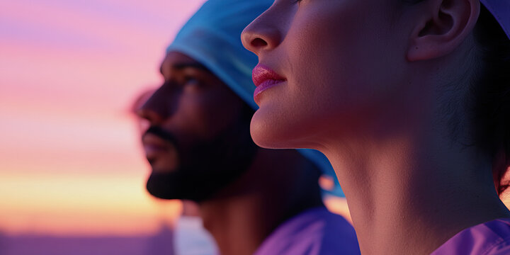 Profile of Two Individuals in Medical Scrubs at Sunset