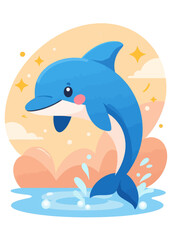 Naklejka premium Cartoon Dolphin Leaping from the Water with Star Accents