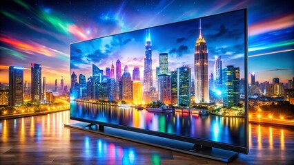 Obraz premium Smart TV Double Exposure: Futuristic Cityscape & Sleek Screen