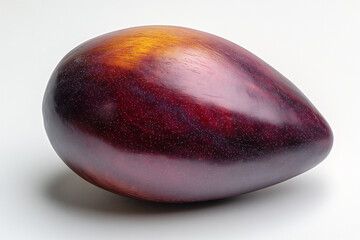 a close-up photograph of an elongated, red apple,