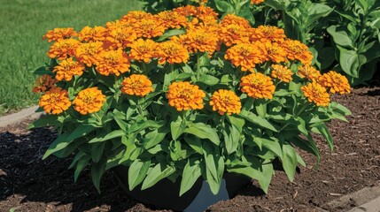 A container of vibrant orange flowers blooming in a garden