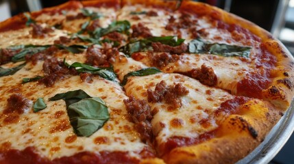 Delicious pizza topped with fresh basil and savory sausage, tempting and perfect for sharing.
