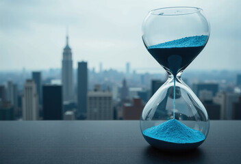 Blue hourglass on a desk against a blurred city background.  Concept of time, business, and progress.