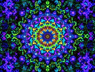 A symmetrical floral design exhibiting psychedelic colors and patterns