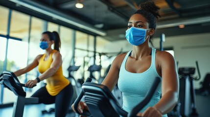 Women exercising on stationary bikes wearing face masks