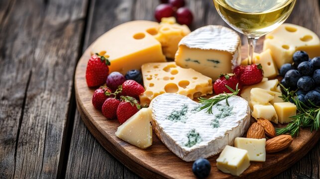 Assorted cheeses on a heart-shaped wooden board with accompaniments. Top view with white wine. - Powered by Adobe