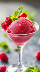Refreshing Raspberry Cocktail with Mint Garnish in Elegant Martini Glass on Vibrant Green Background
